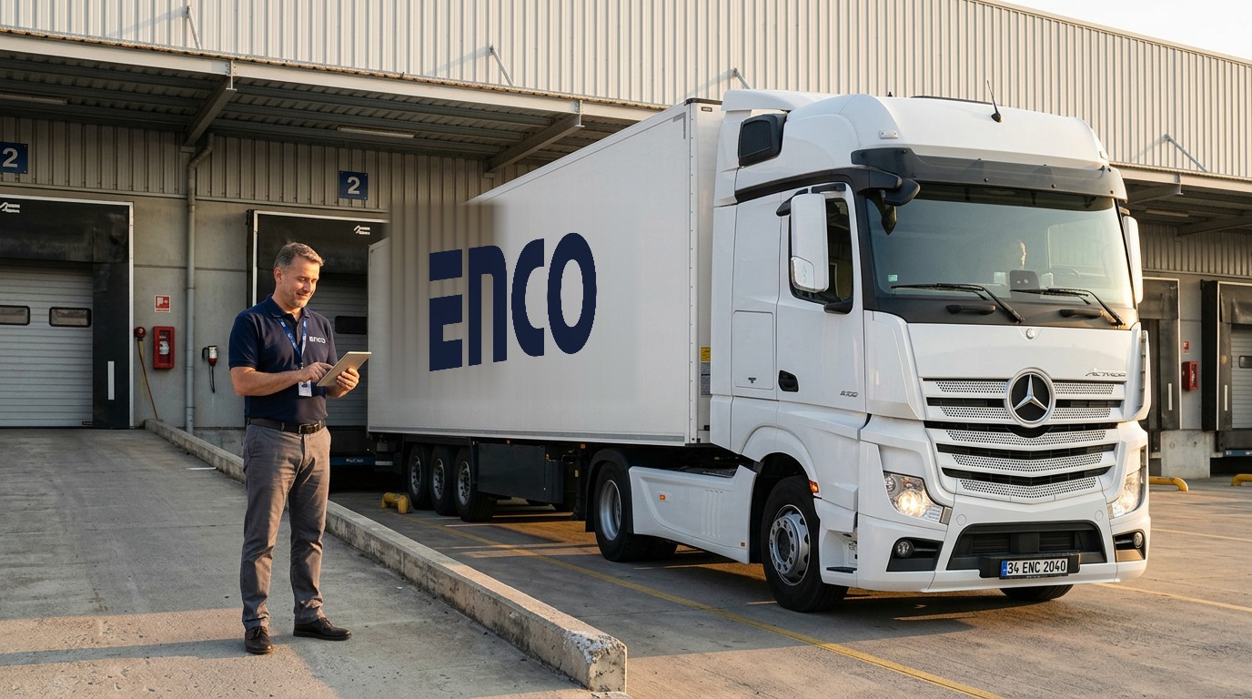 Şafakta müşteri rampasına yanaşan beyaz ENCO tırı ve tabletli depo yöneticisi